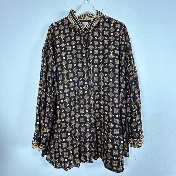 Cascais Womens 3X Black & Gold Geometric Pattern Button-Down Shirt Long Sleeve - Picture 1 of 6